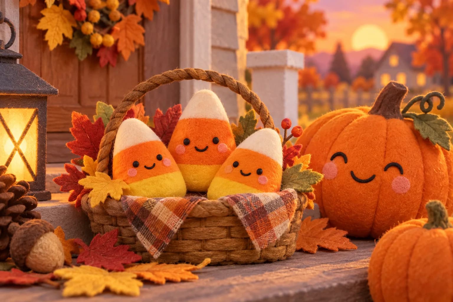 Trois bonbons candy corn colorés dans un panier entouré de feuilles d’automne et d’une citrouille souriante
