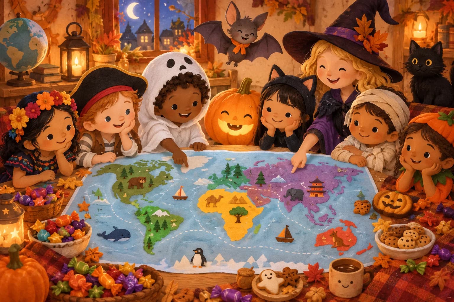Carte du monde entourée de bonbons et d’enfants costumés pour Halloween