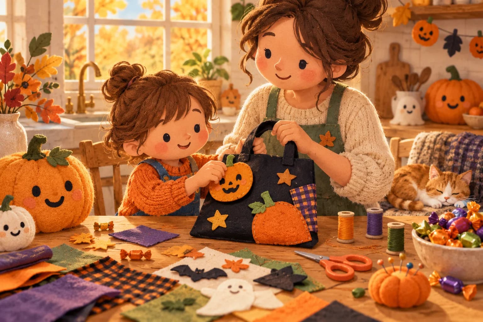 Un enfant et un parent fabriquent un sac à bonbons en tissu dans une ambiance d’Halloween douce