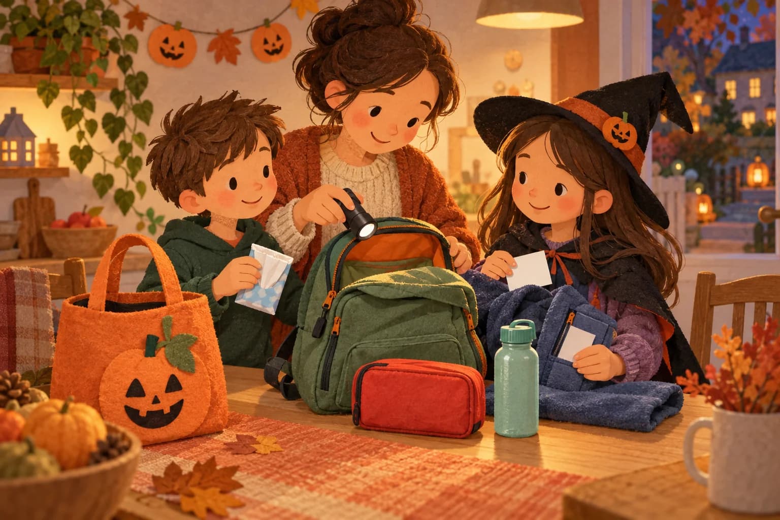 Un parent et deux enfants préparent un petit sac avec une lampe, des mouchoirs, une carte de contact et une trousse fermée.