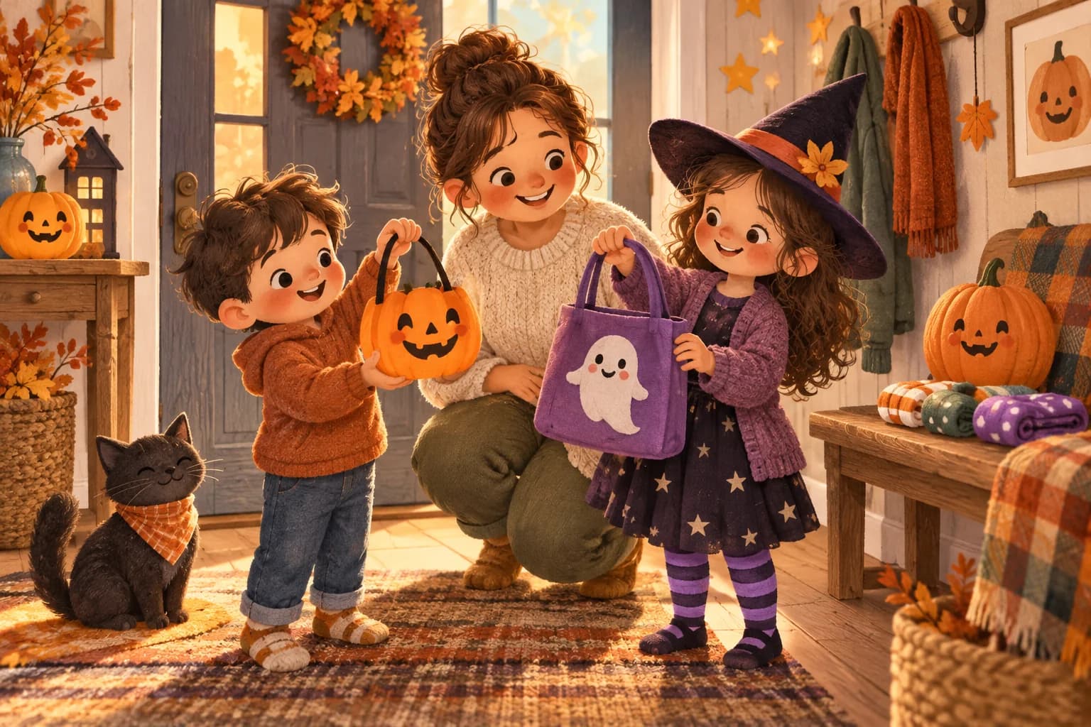 Deux enfants et un parent comparent un petit seau citrouille et un sac en tissu pour Halloween.