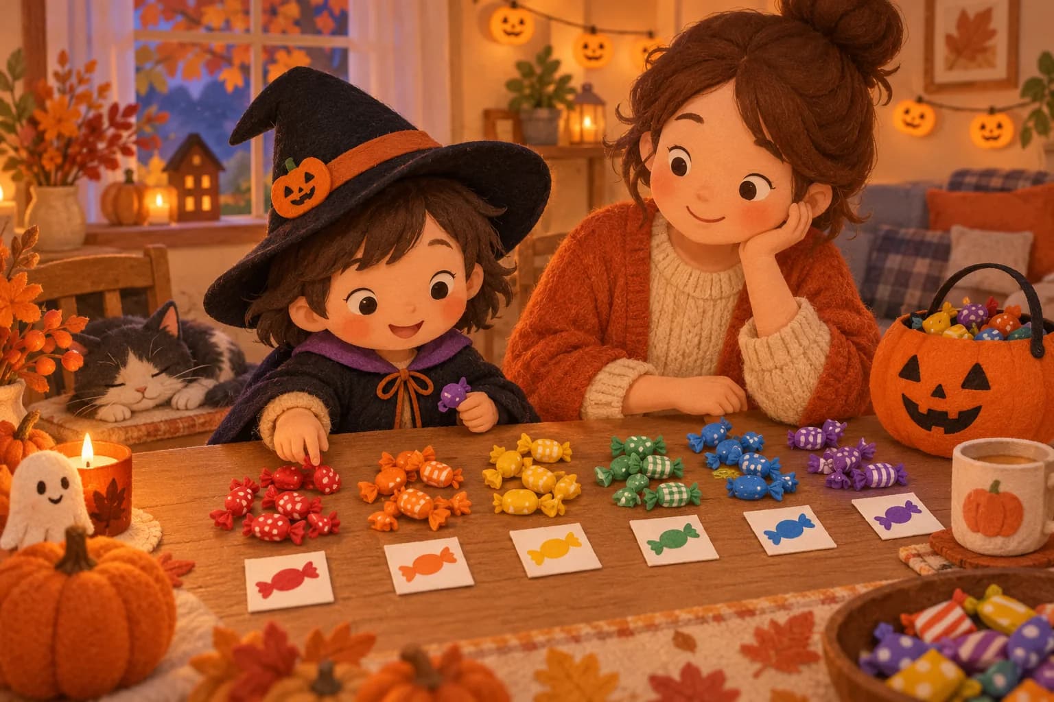 Un enfant et un parent trient des bonbons colorés sur une table.