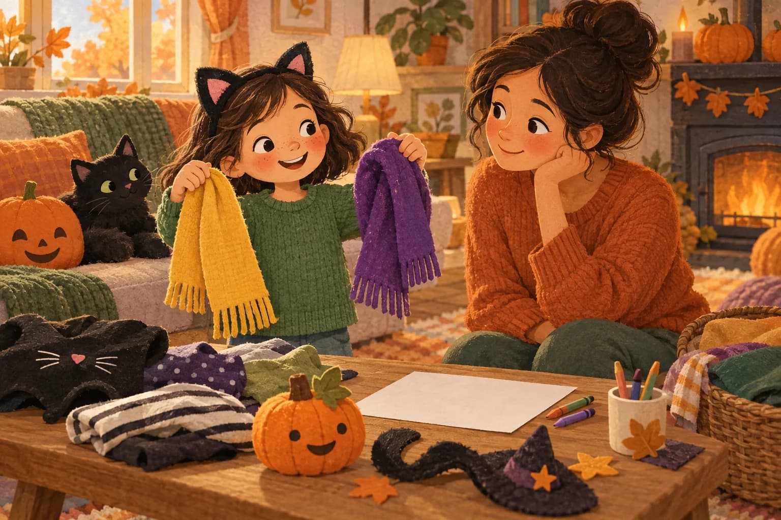 Un enfant choisit les accessoires de son déguisement de chat avec l’aide attentive d’un parent.