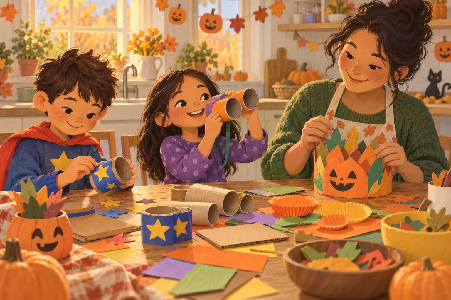 Un parent et deux enfants fabriquent des manchettes, des jumelles et une couronne avec des emballages de cuisine.