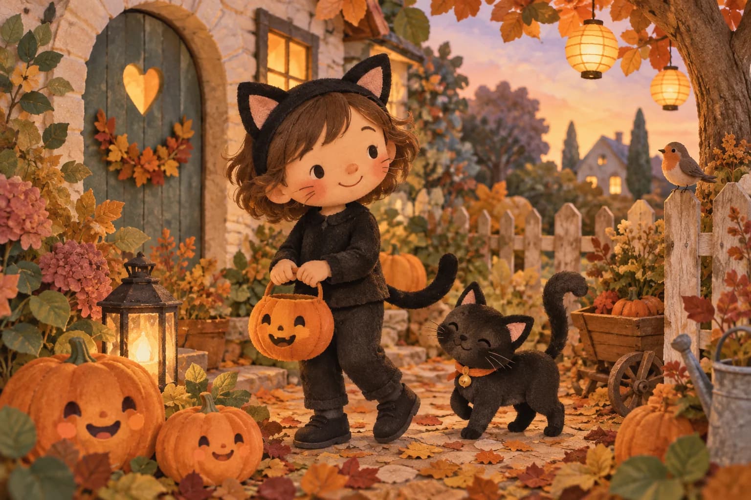 Enfant déguisé en petit chat noir parmi des feuilles d’automne et de petites citrouilles