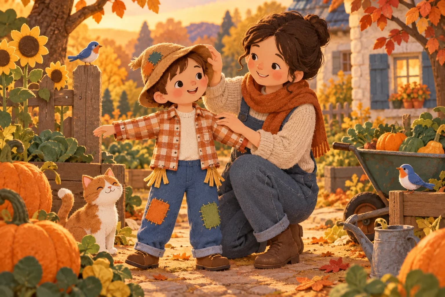 Un enfant déguisé en petit épouvantail, avec une chemise à carreaux et des pièces de tissu colorées, dans un potager d’automne.