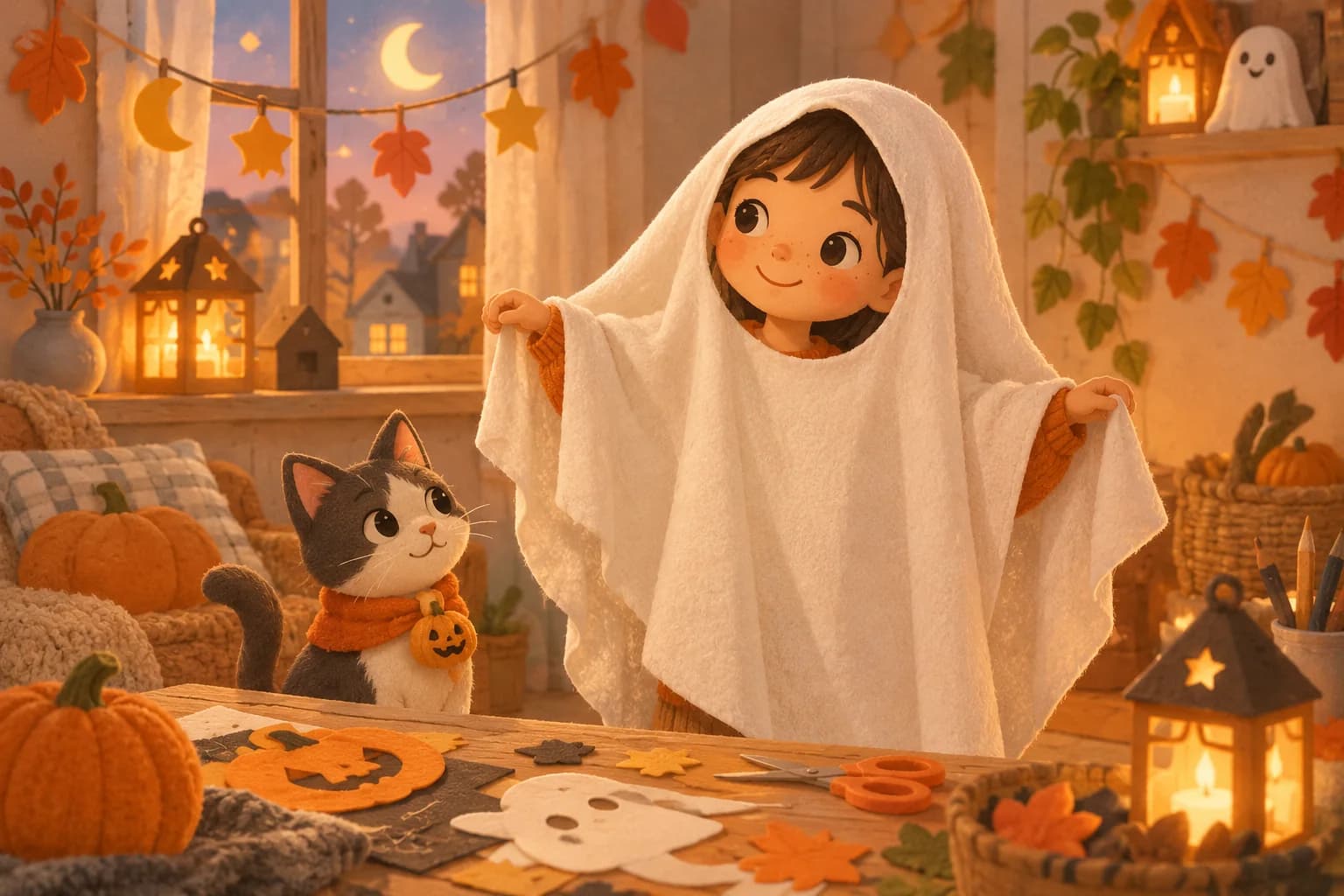 Un enfant porte un déguisement de petit fantôme fabriqué avec un drap clair, posé simplement sur ses épaules