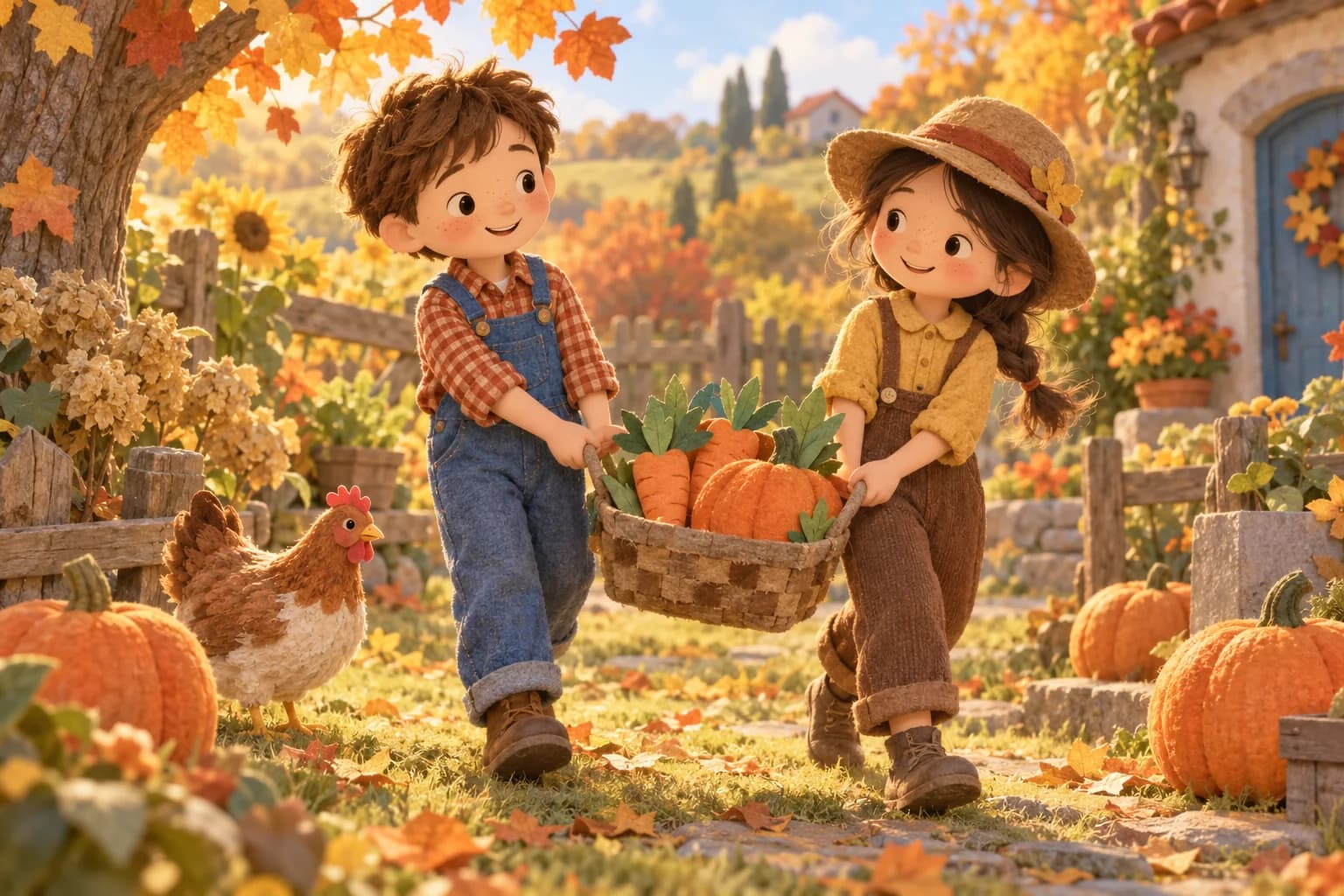 Deux enfants déguisés en fermiers portent un panier de légumes en carton dans un jardin d’automne.