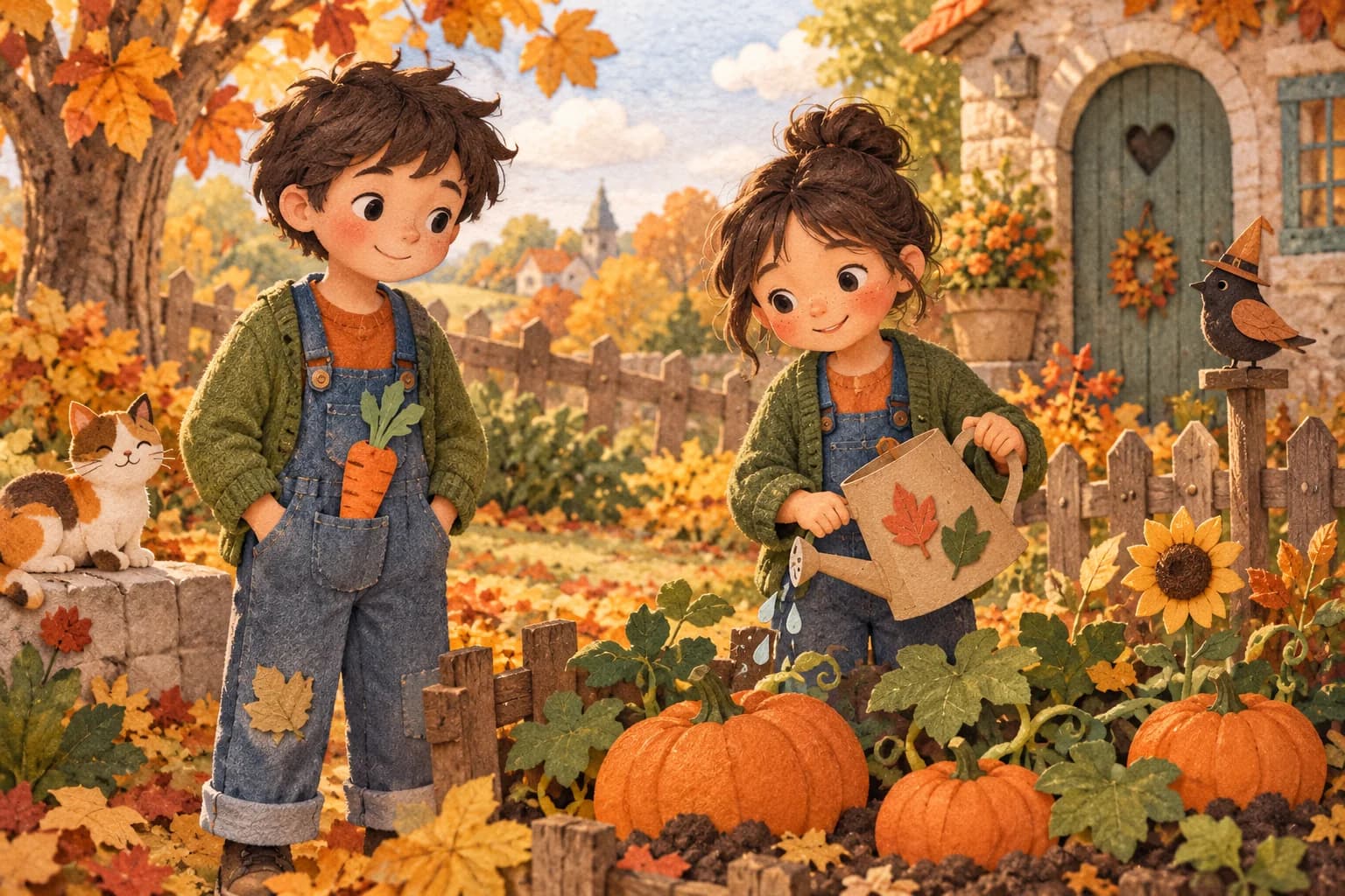 Deux enfants déguisés en jardiniers près de citrouilles, avec un arrosoir en carton et une carotte dessinée.
