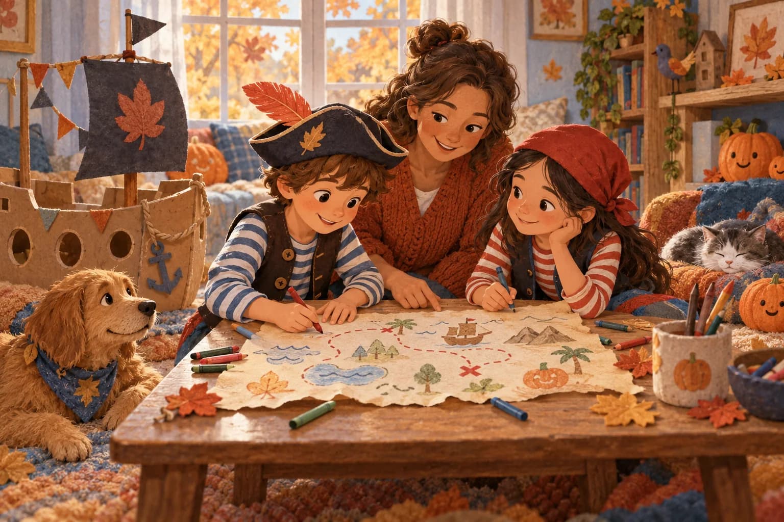 Deux enfants en pirates fabriquent une carte au trésor avec un parent dans une pièce décorée pour l’automne.