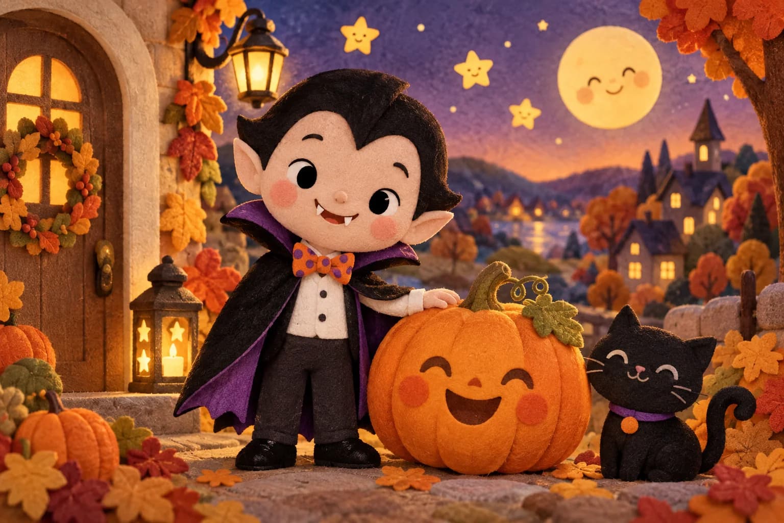 Petit vampire souriant en cape colorée près d’une citrouille