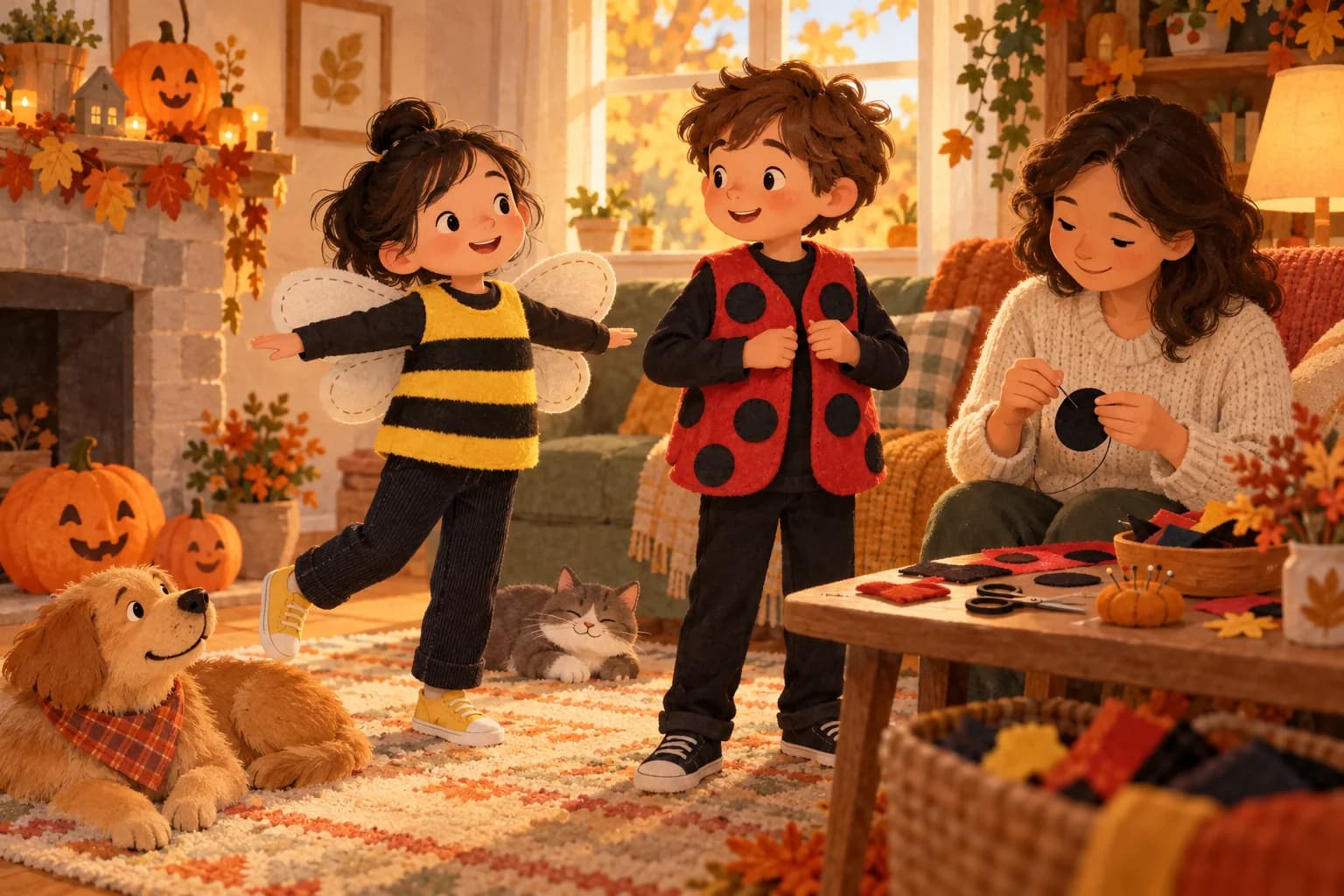 Deux enfants en costumes d’abeille et de coccinelle près d’un adulte qui coud un pois en feutrine.
