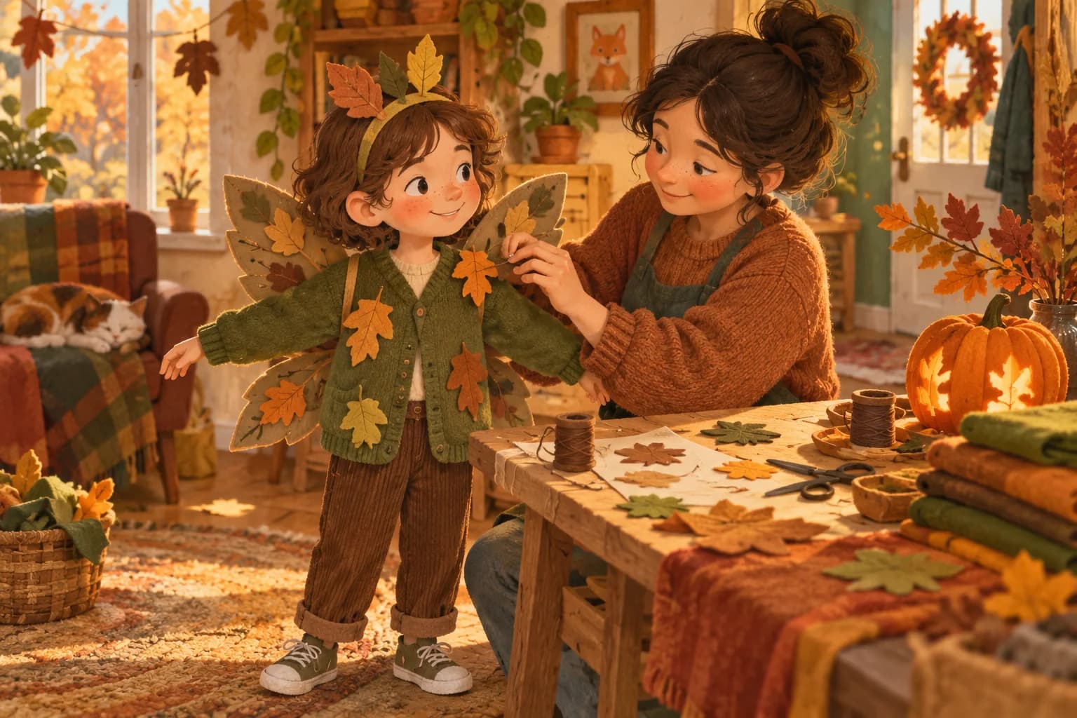 Un enfant en fée de la forêt porte des feuilles en tissu et de petites ailes, près d’un parent qui prépare les décorations.