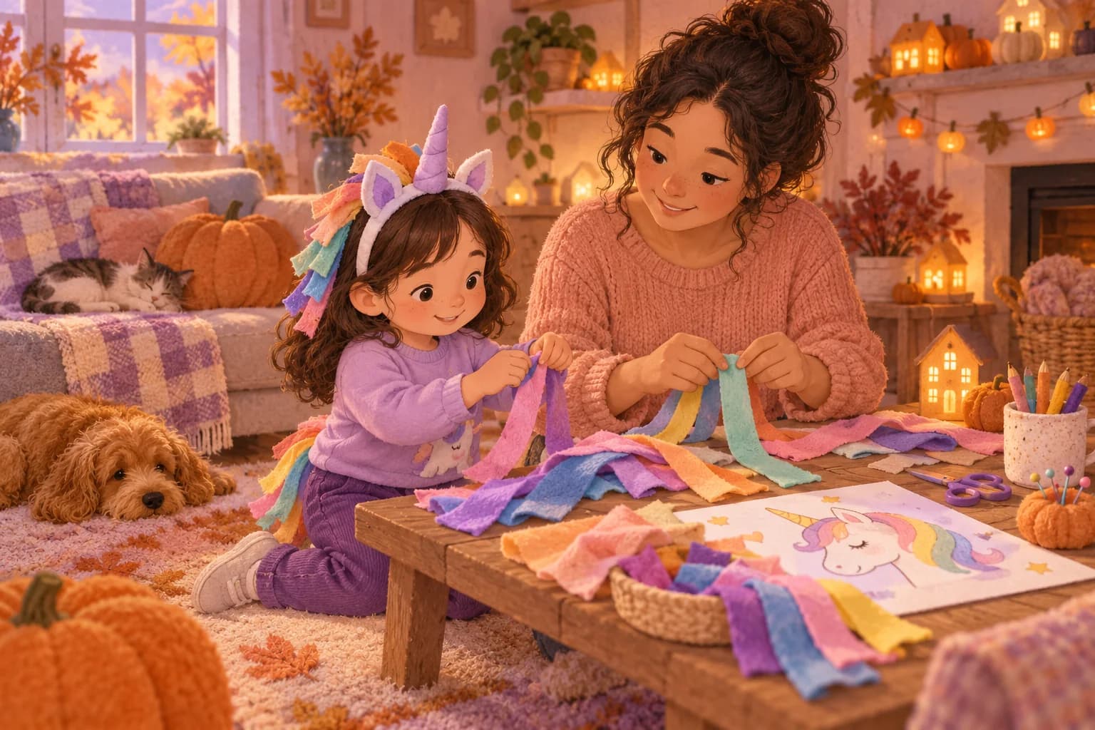 Un enfant et un parent préparent une crinière colorée pour un déguisement de licorne, près de petites citrouilles.