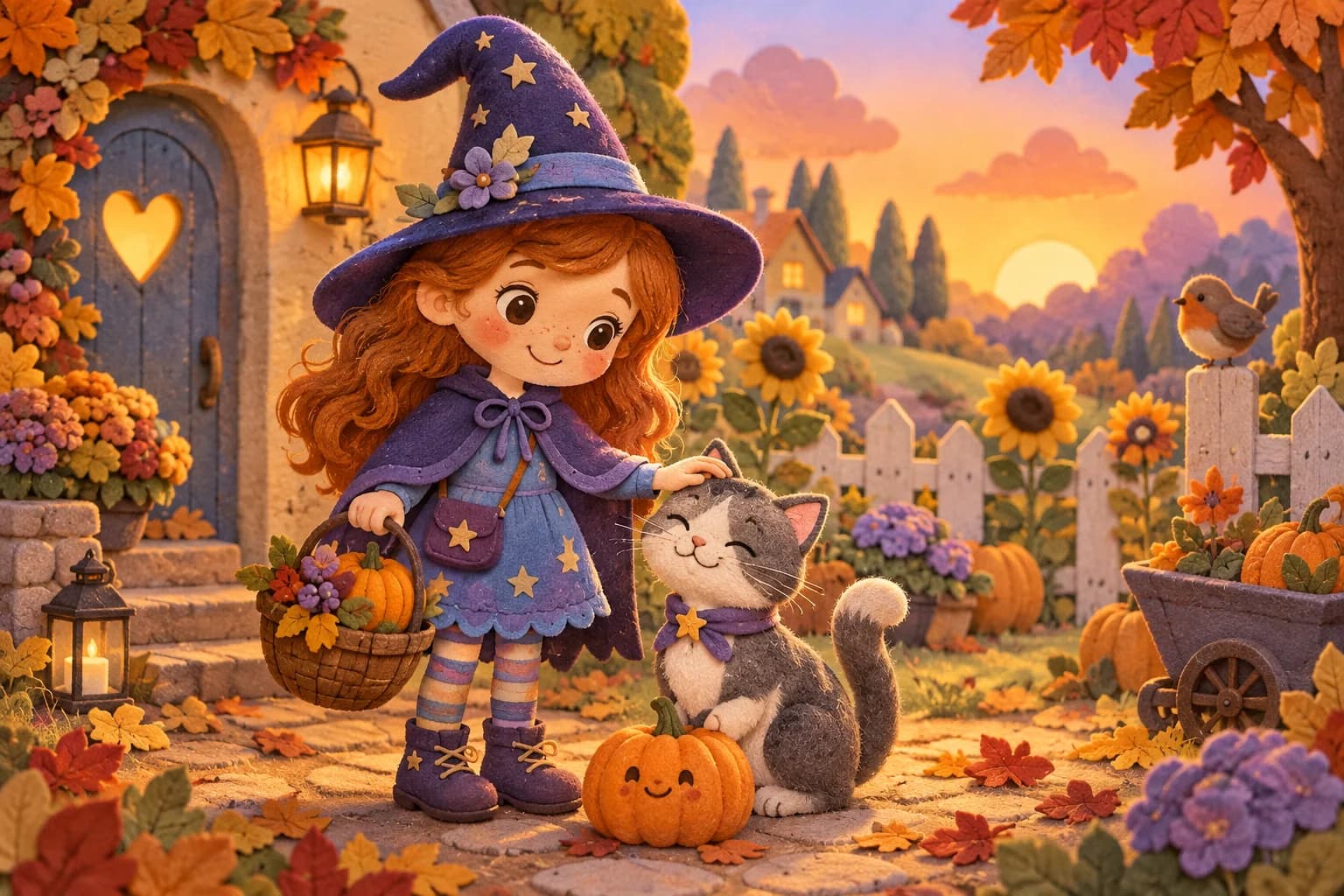 Une gentille petite sorcière en tenue violette avec un chat et un potiron dans un jardin d’automne