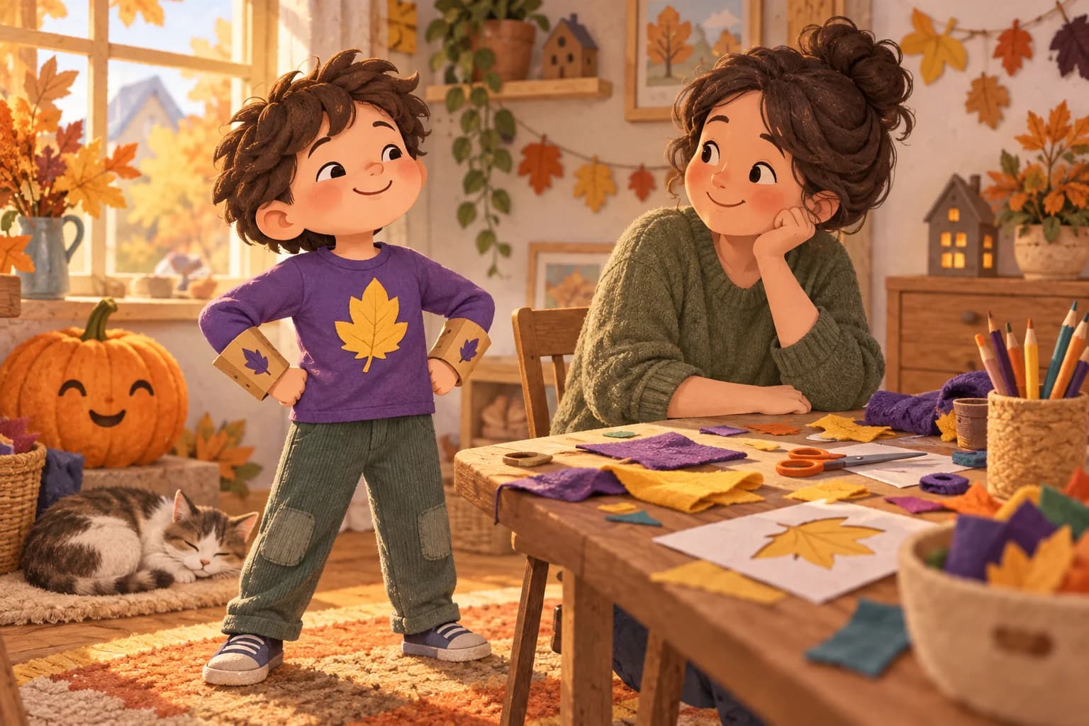 Un enfant porte un costume de super-héros violet à emblème de feuille, près d’un parent et d’une table de bricolage.