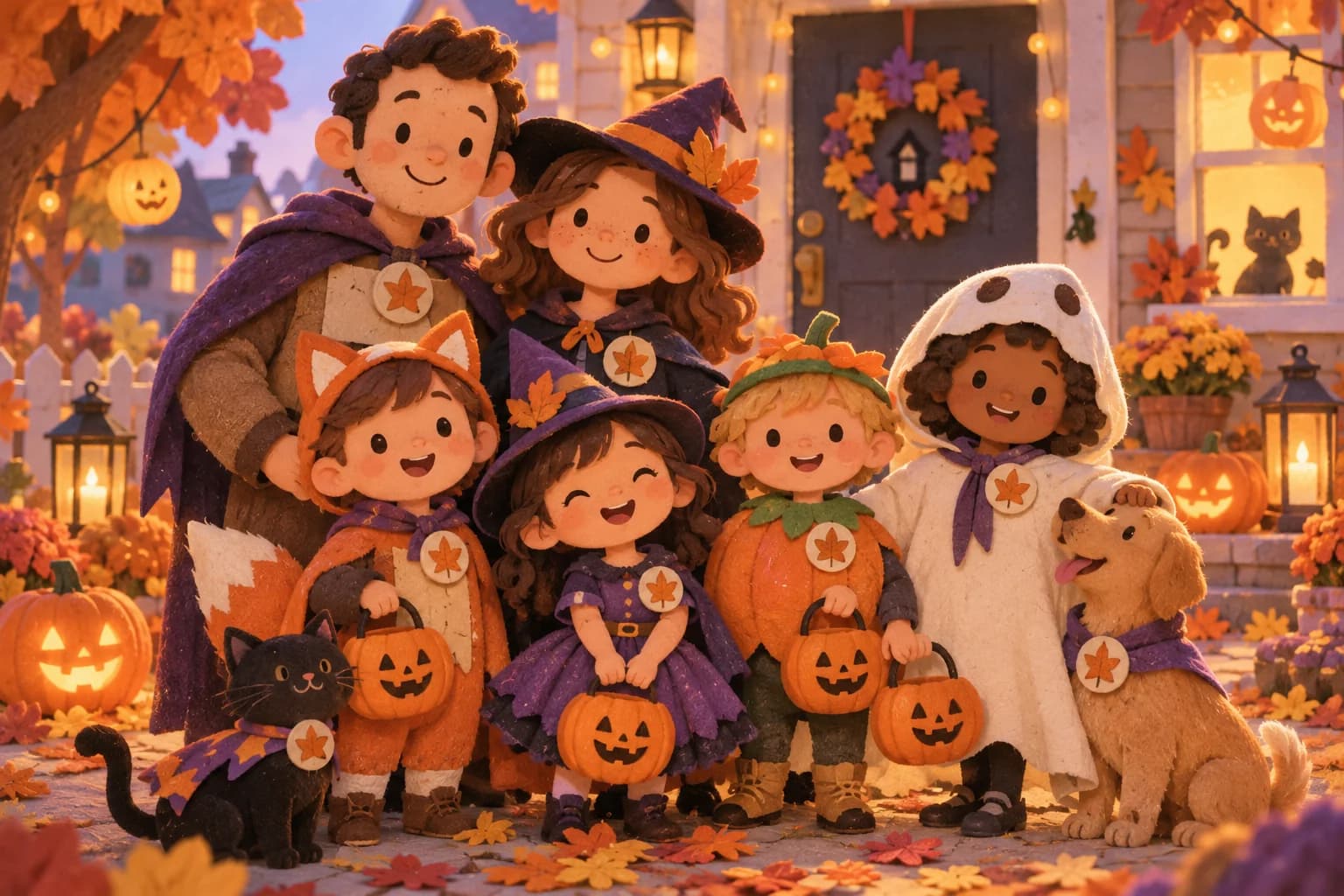 Une famille et des enfants portent des déguisements différents assortis par les couleurs et les accessoires.