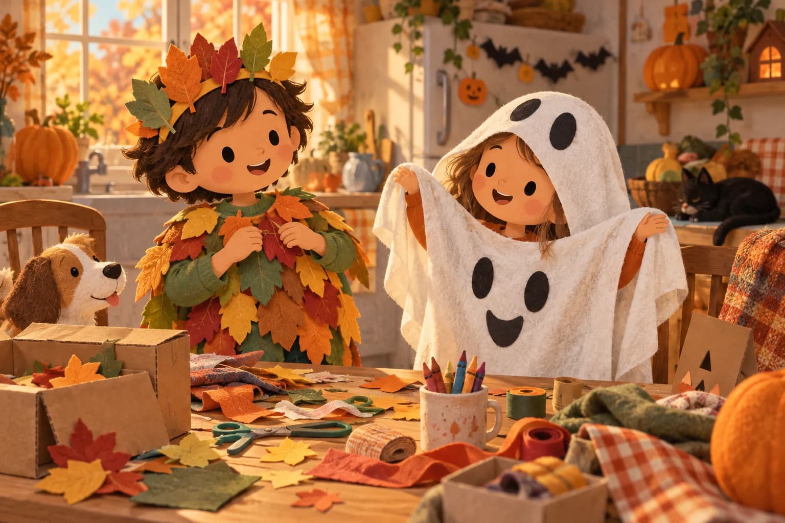 Deux enfants fabriquent des déguisements d’Halloween avec du carton, du papier et de vieux vêtements