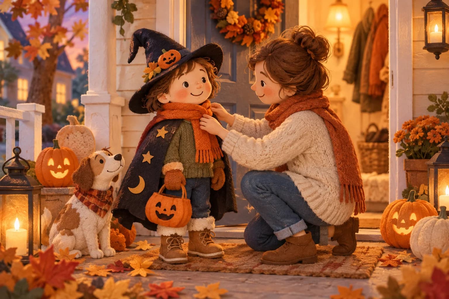 Un enfant essaie un déguisement chaud avec un adulte avant une sortie d’Halloween
