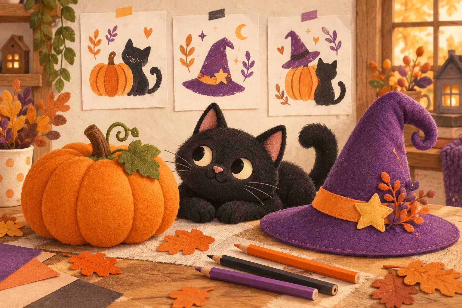 Une citrouille orange, un chat noir et un chapeau violet sur une table de dessin aux couleurs d’Halloween.