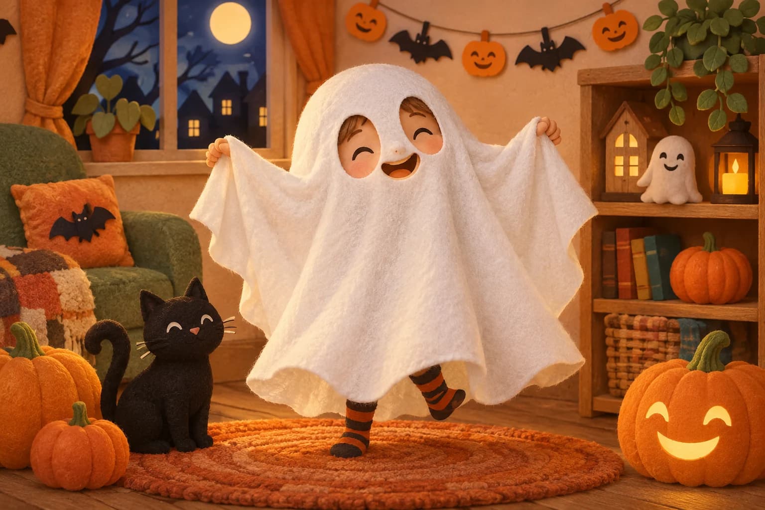 Enfant souriant portant un déguisement de fantôme blanc fabriqué avec un vieux drap, dans une ambiance d’Halloween douce et colorée