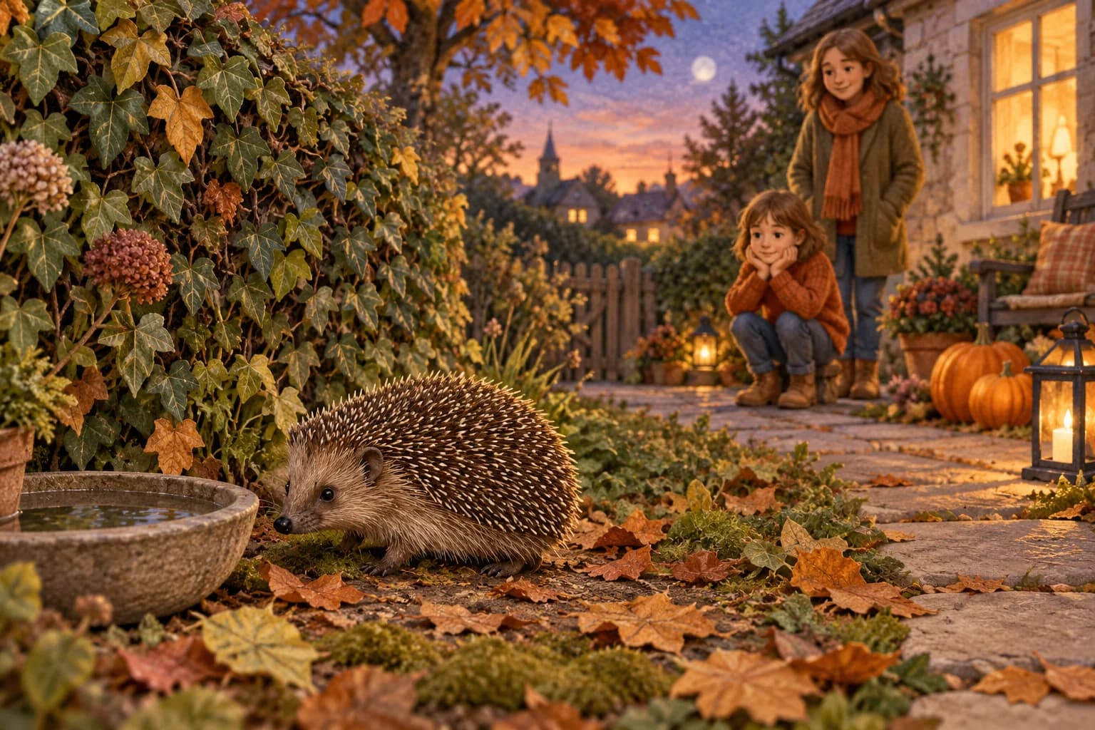 Un enfant et un adulte observent à distance un hérisson près d’une haie et d’une coupelle d’eau.