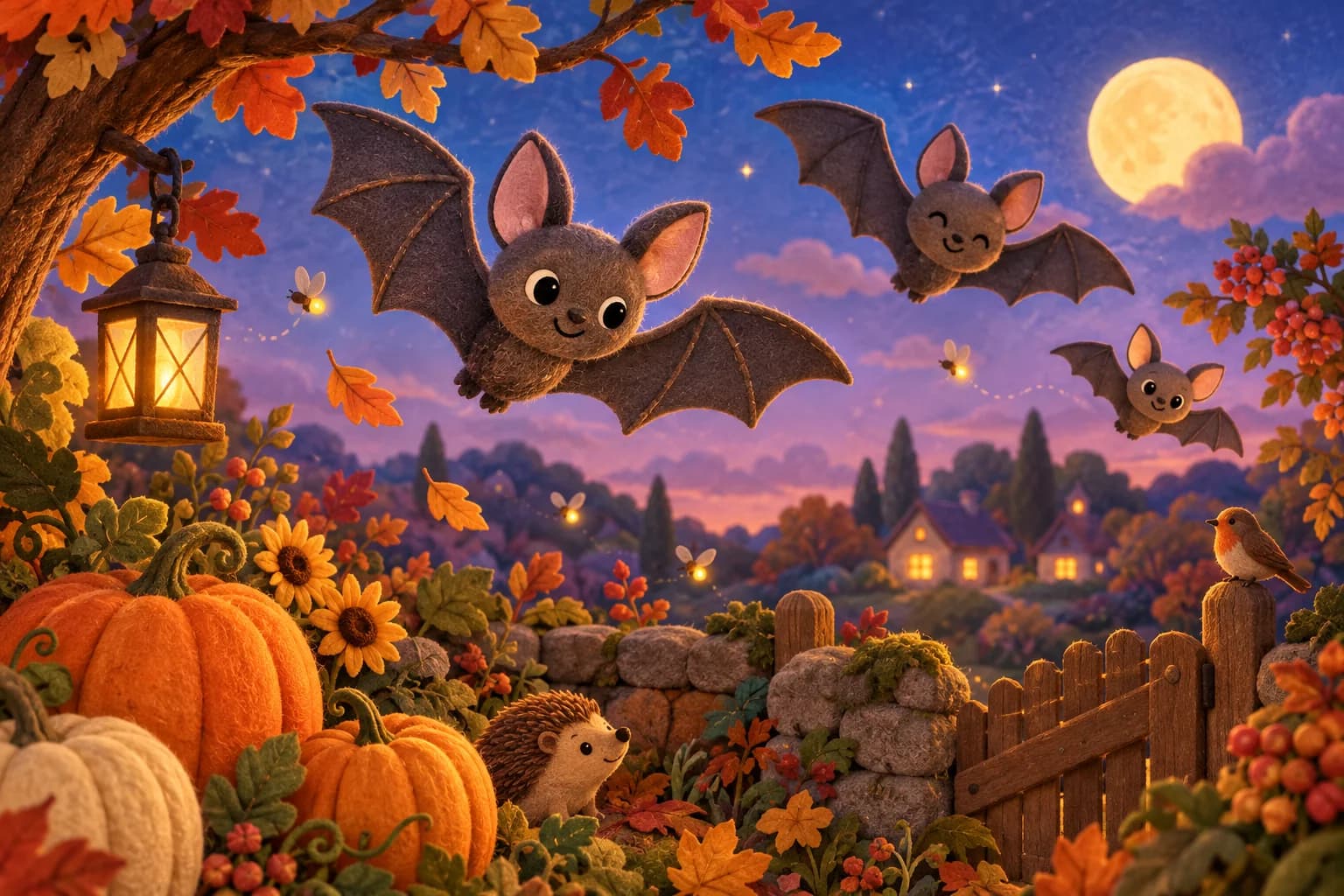 Deux chauves-souris amicales volent au-dessus d’un jardin d’automne décoré de citrouilles