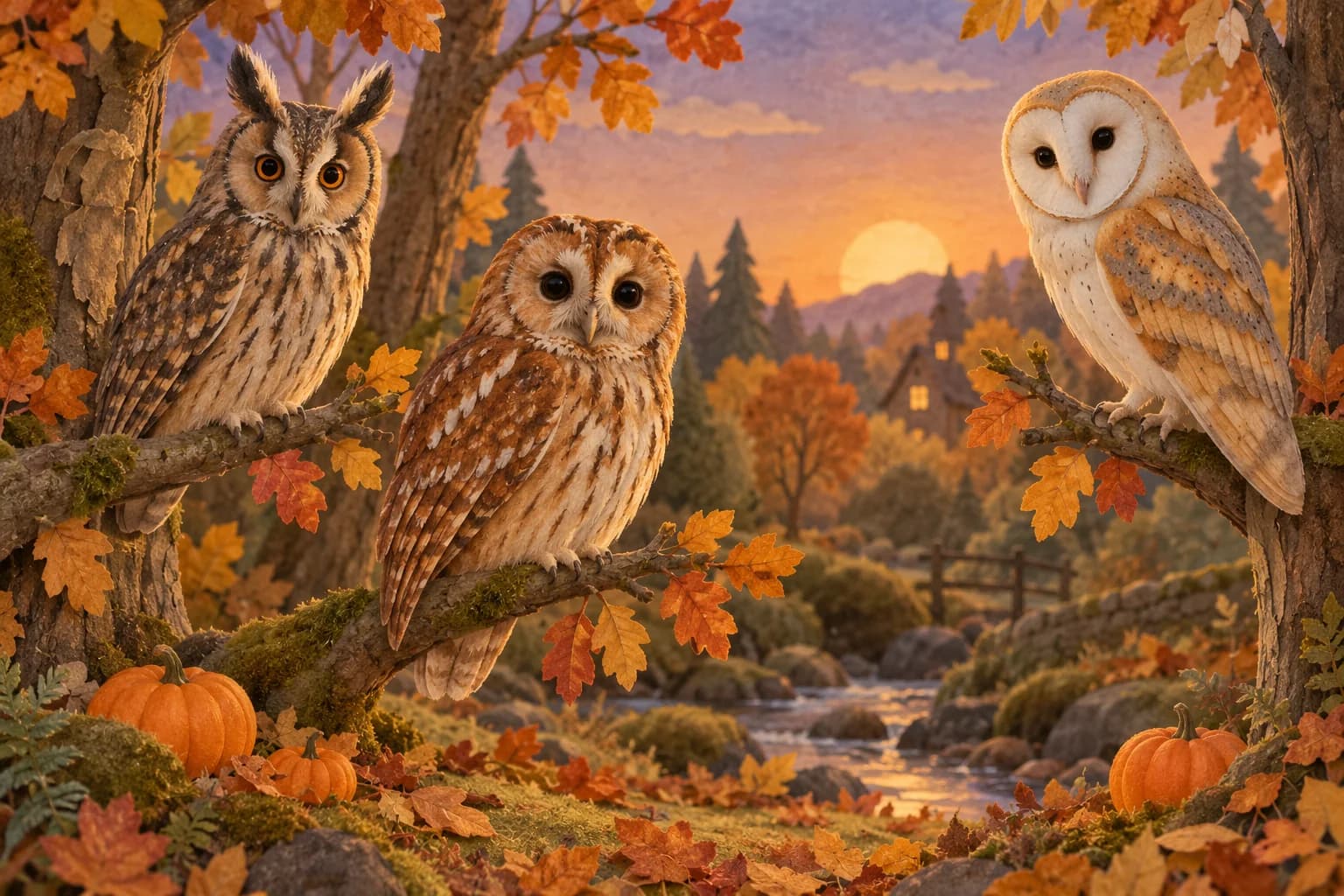 Un hibou moyen-duc à aigrettes, une chouette hulotte à tête ronde et une effraie au visage en cœur, sur des branches en automne.