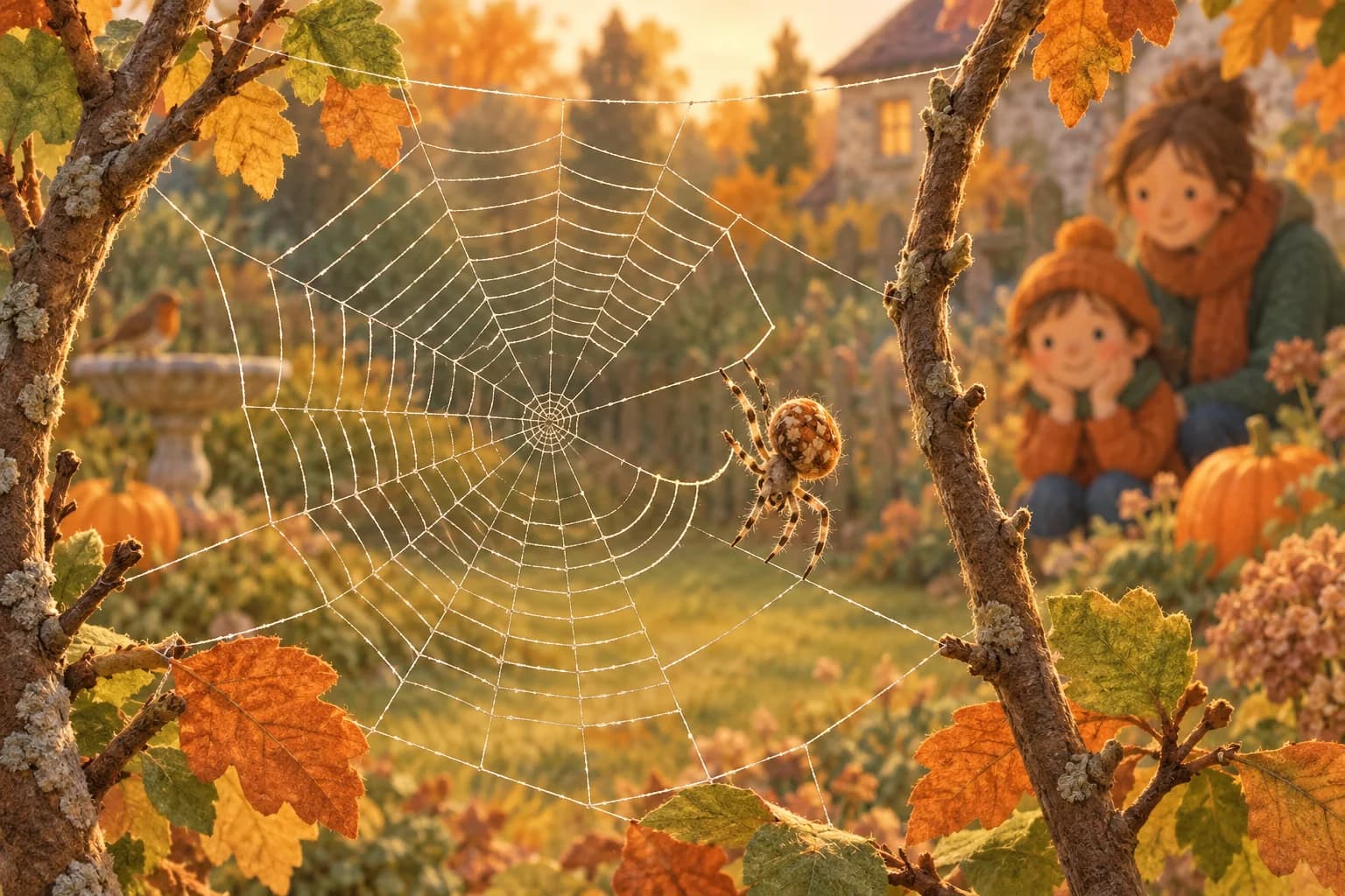 Une araignée construit sa toile entre deux branches, observée à distance par un enfant et un parent.