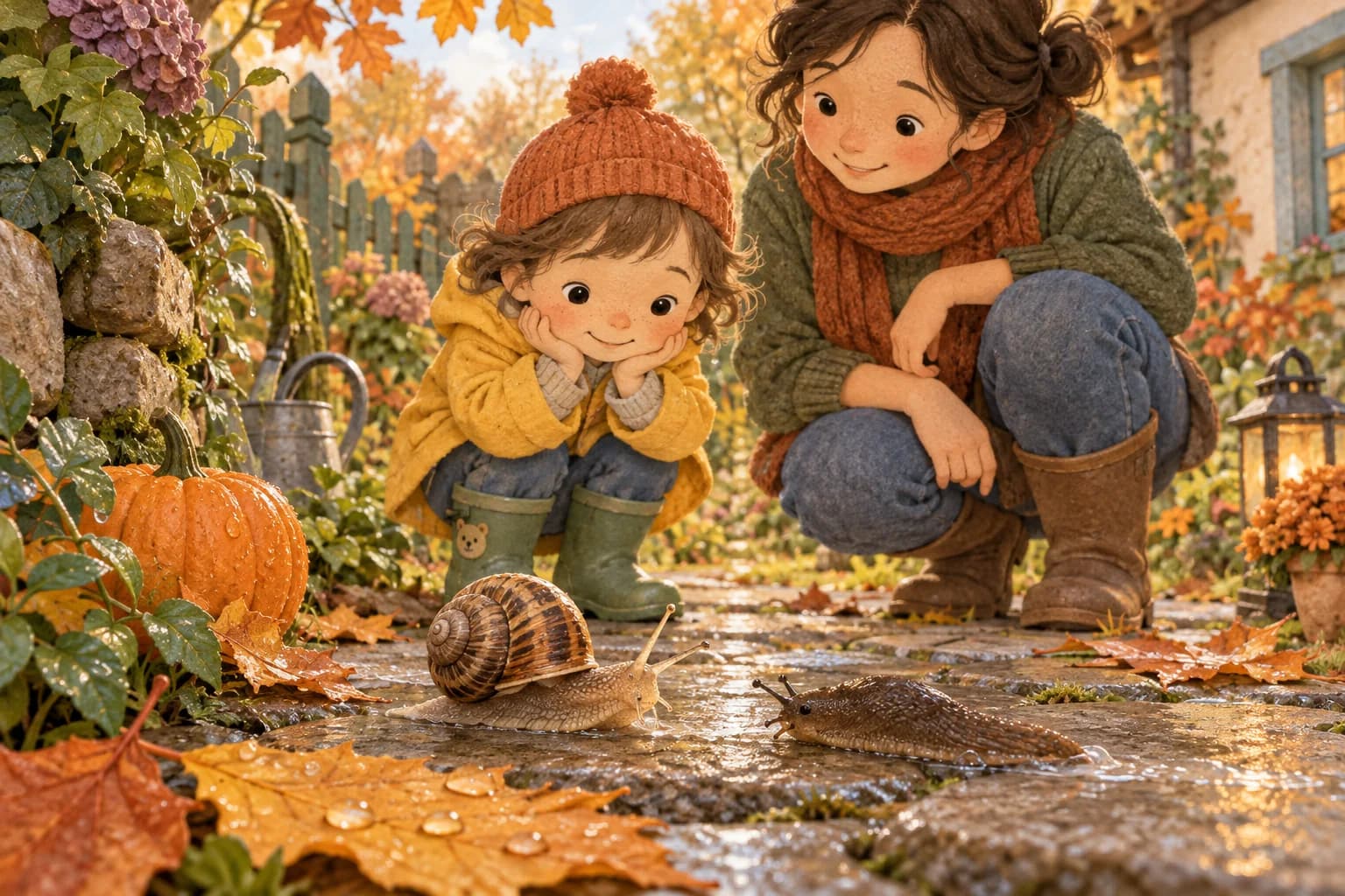 Un enfant et un adulte observent un escargot et une limace sur un chemin humide bordé de feuilles d’automne.