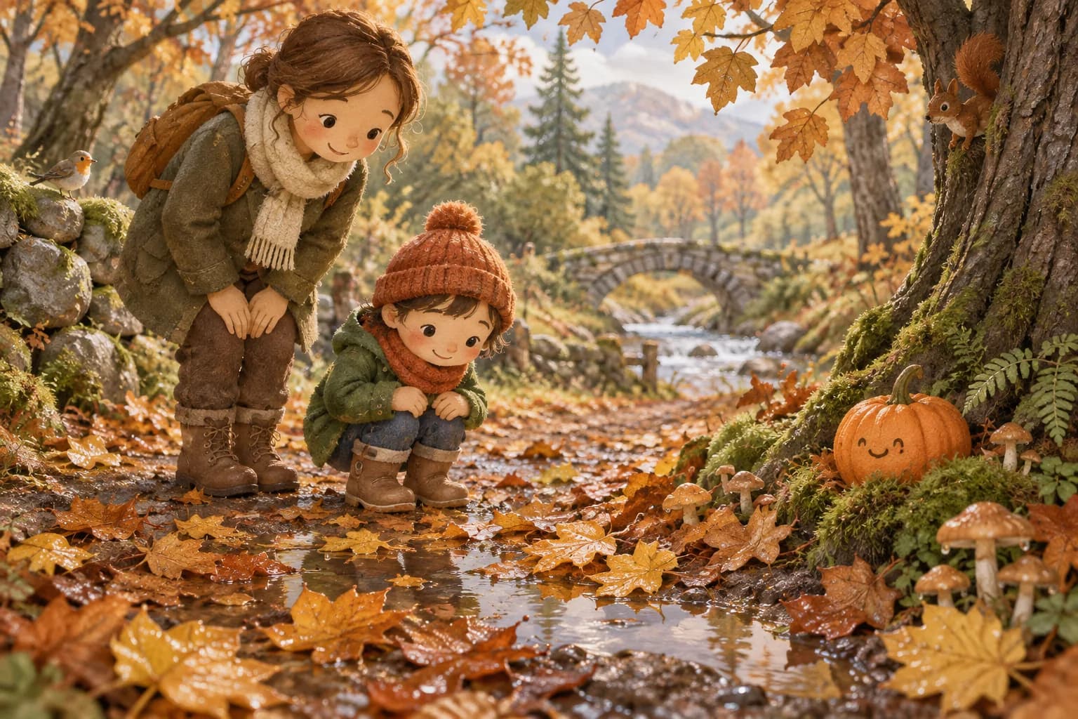 Un enfant et un parent observent des feuilles mortes mouillées sur un chemin d’automne après la pluie.