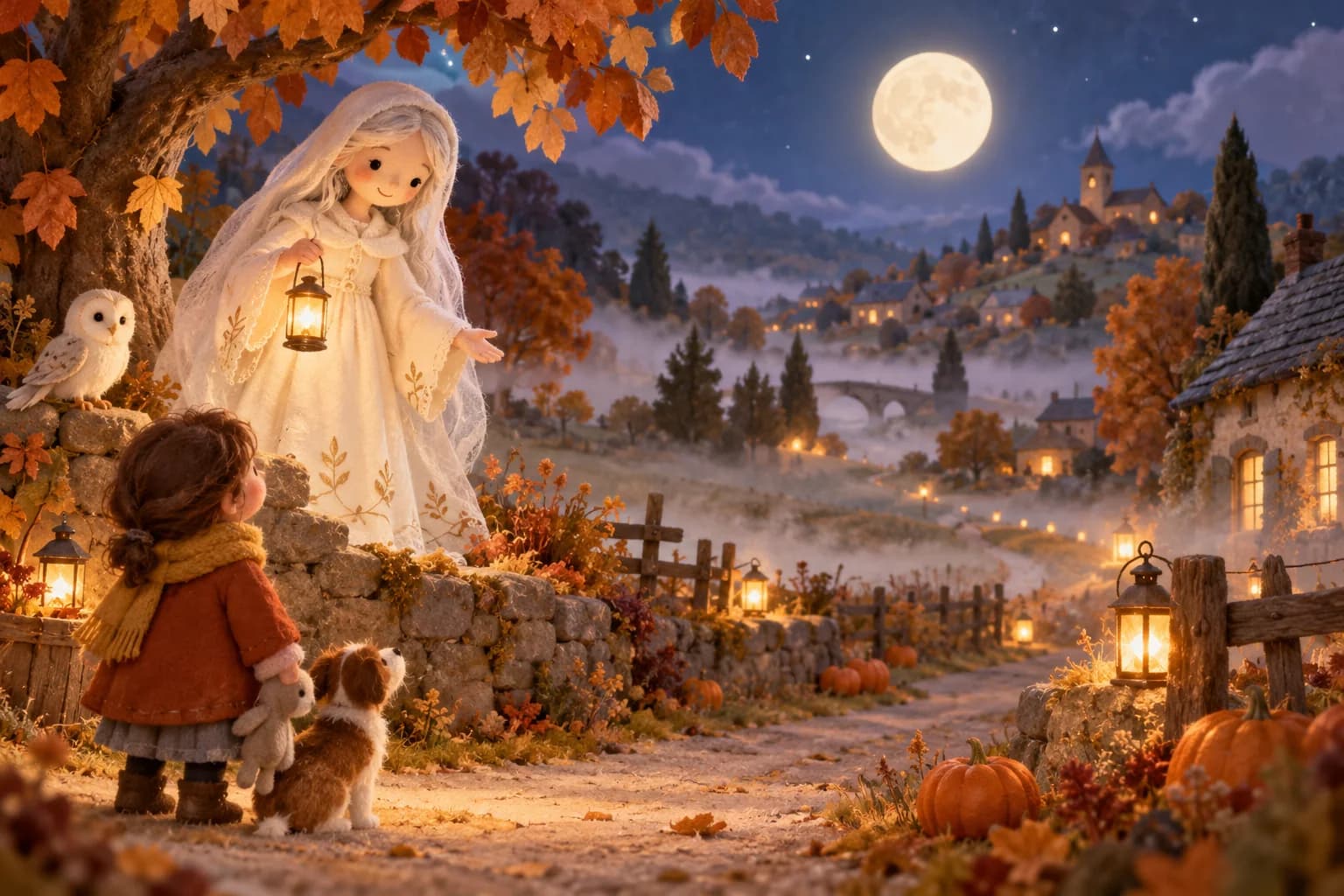 Une dame blanche bienveillante près d’un chemin sous la lune, dans un paysage d’automne paisible