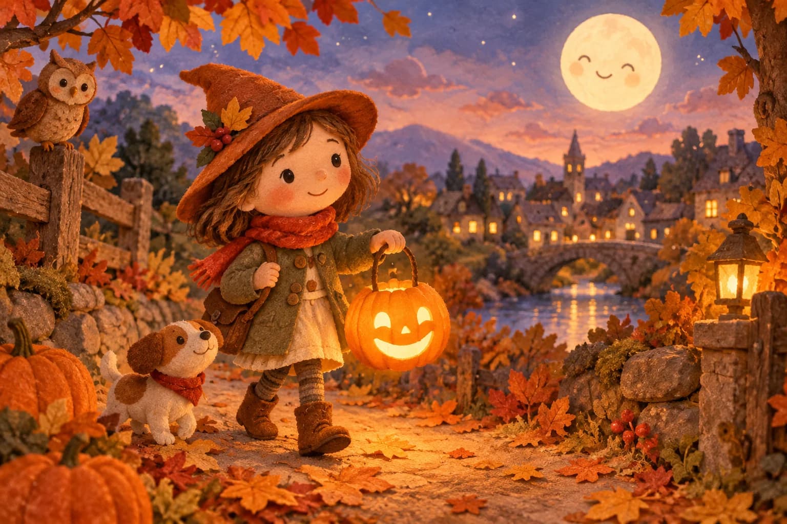 Une lanterne-citrouille souriante éclaire un chemin d’automne sous une lune douce
