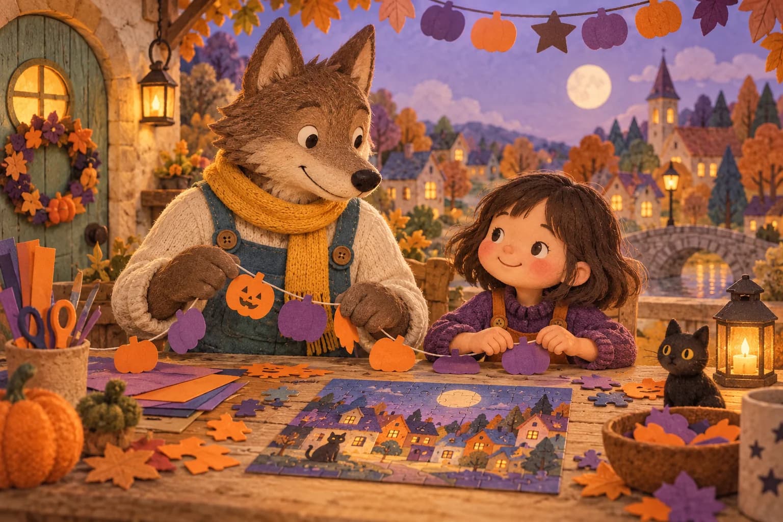 Un personnage de loup au foulard jaune prépare des guirlandes avec un enfant dans un village de conte.