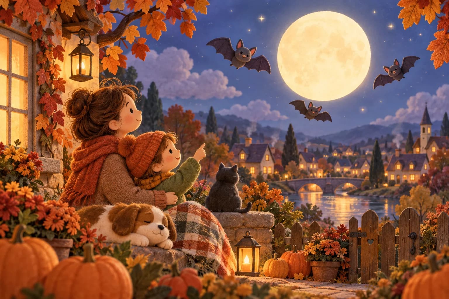 Un enfant et un parent observent une pleine lune entourée de lanternes et de feuilles d’automne