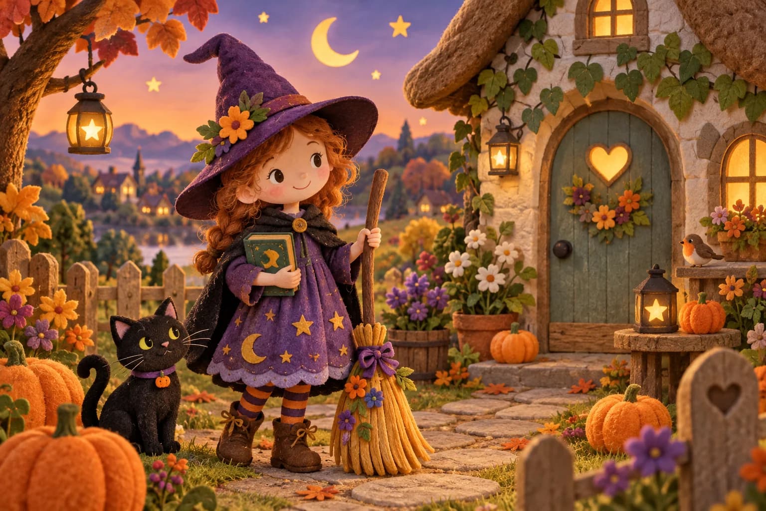 Sorcière imaginaire souriante avec un chapeau pointu, un balai et un livre dans un jardin fleuri