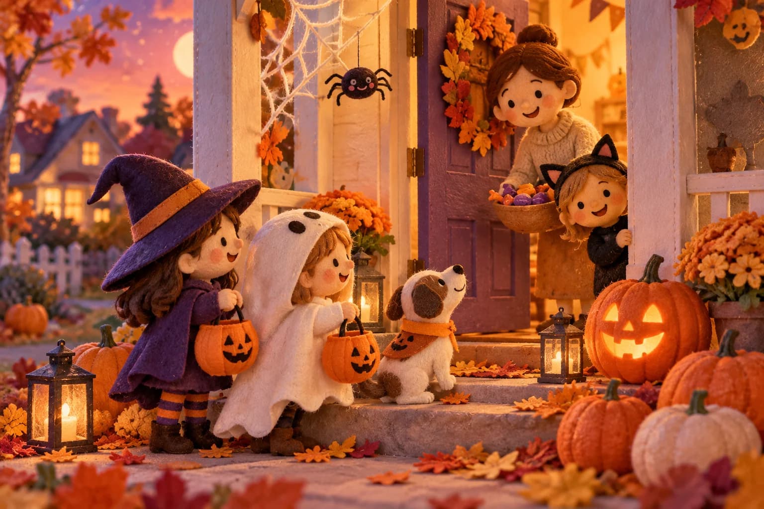 Porche d'automne décoré d'une toile d'araignée douce et d'une petite citrouille