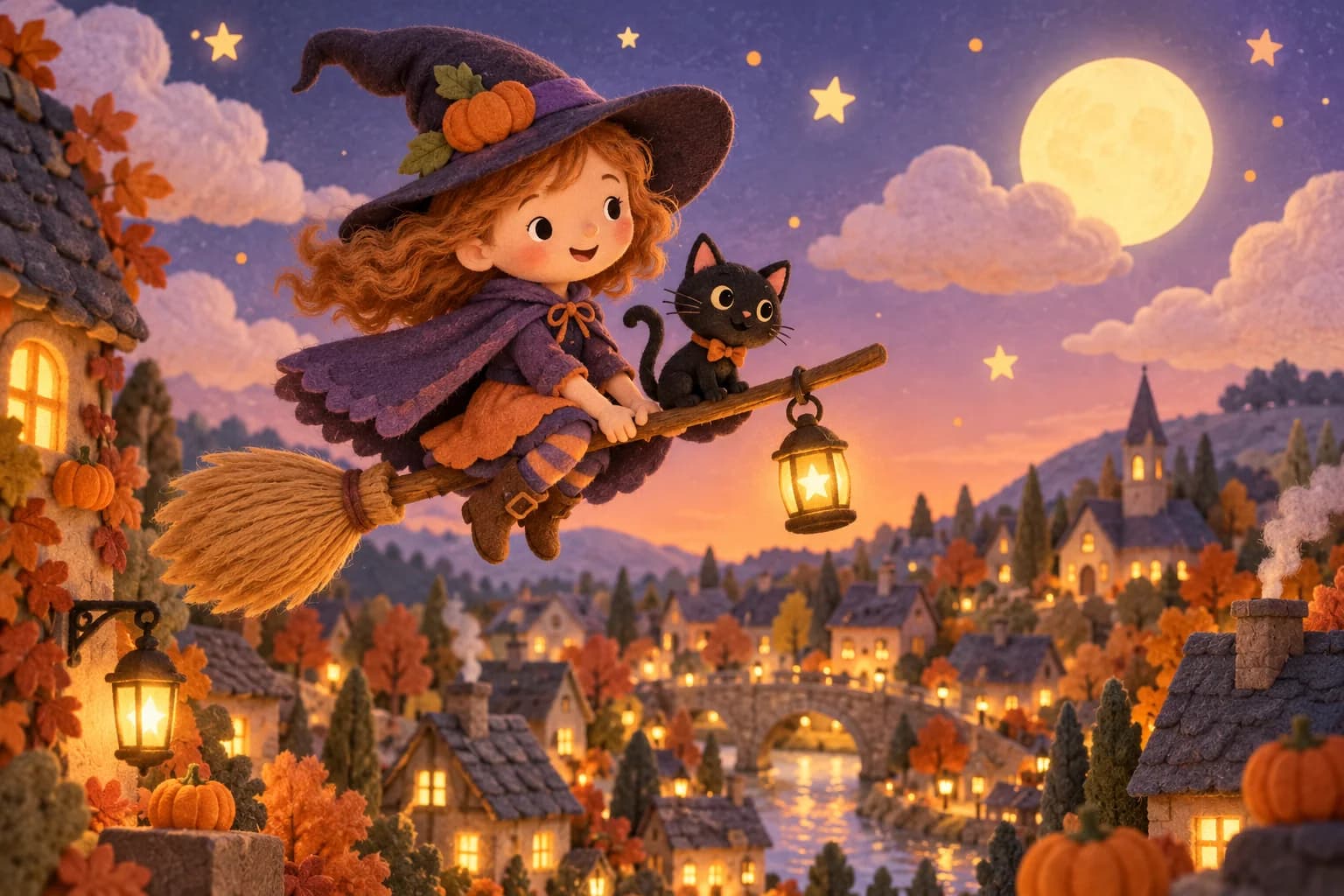Une gentille sorcière de conte vole doucement sur un balai au-dessus d’un village illuminé.