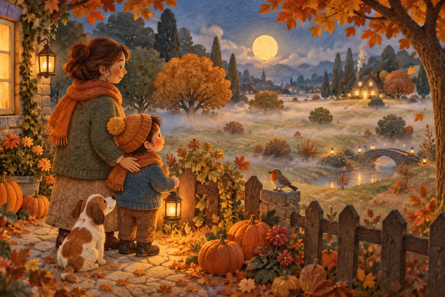 Un enfant et un parent observent une douce brume dans un paysage d’automne