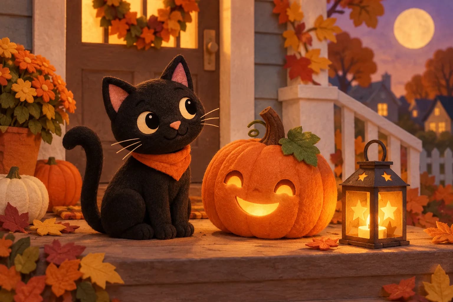 Chat noir souriant près d’une citrouille et d’une lanterne sur un porche d’automne