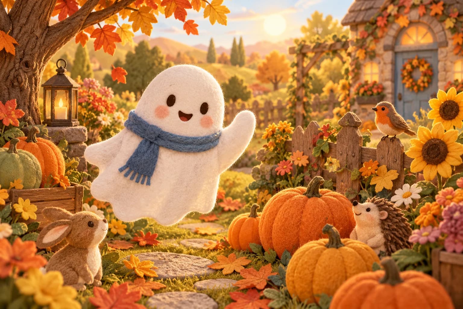 Un gentil fantôme souriant dans un jardin d’automne coloré