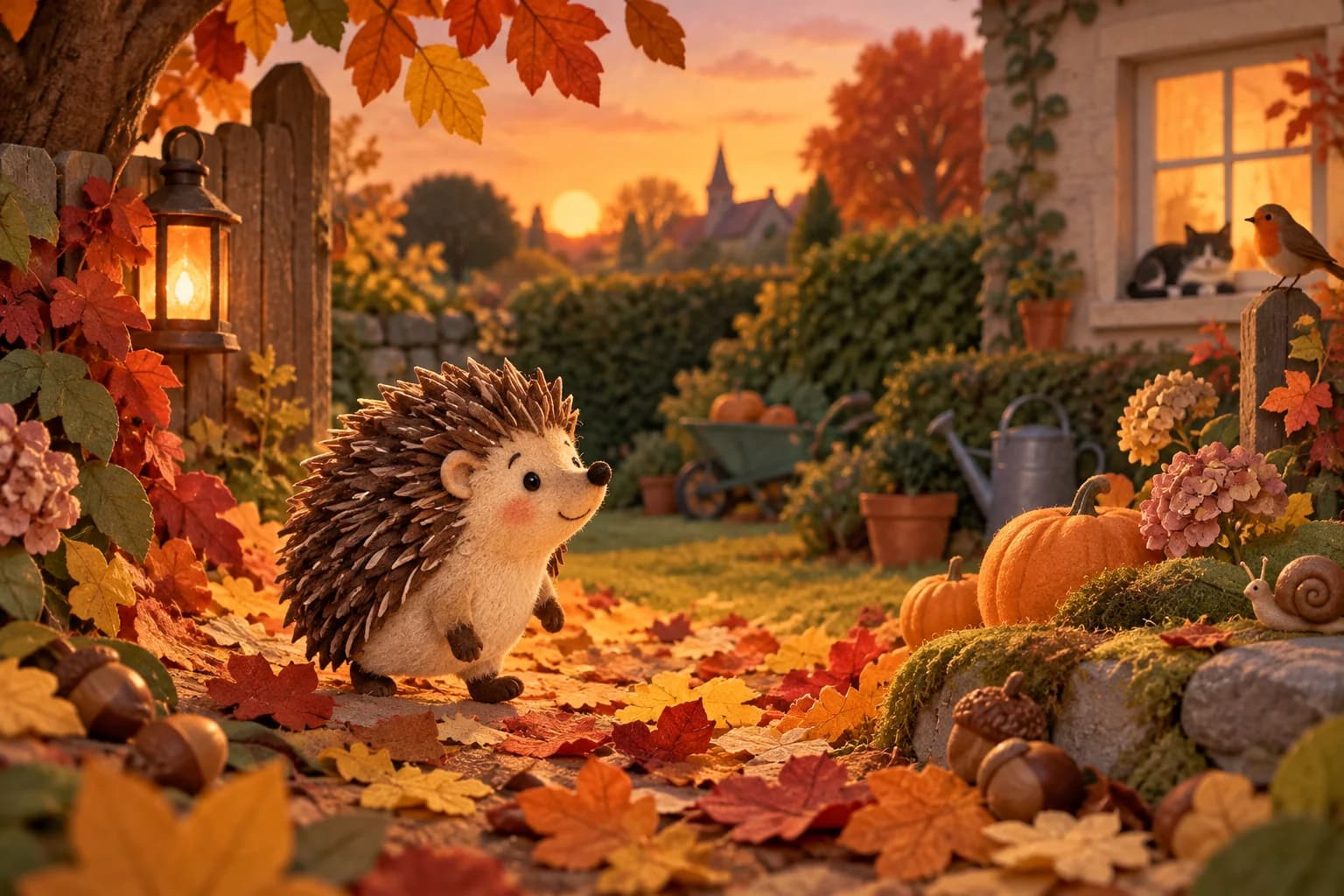 Un hérisson traverse des feuilles d’automne dans un jardin au crépuscule
