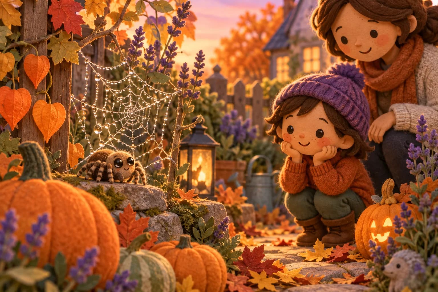 Un enfant observe avec un parent une araignée près d’une toile brillante dans un jardin d’automne