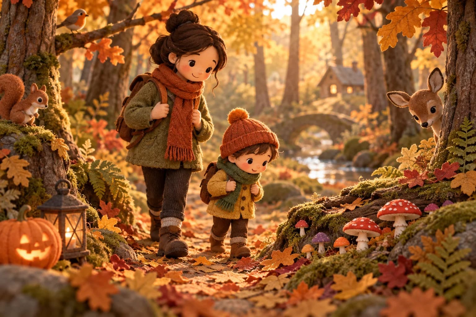 Un enfant observe des champignons d’automne avec un adulte dans une forêt douce et colorée