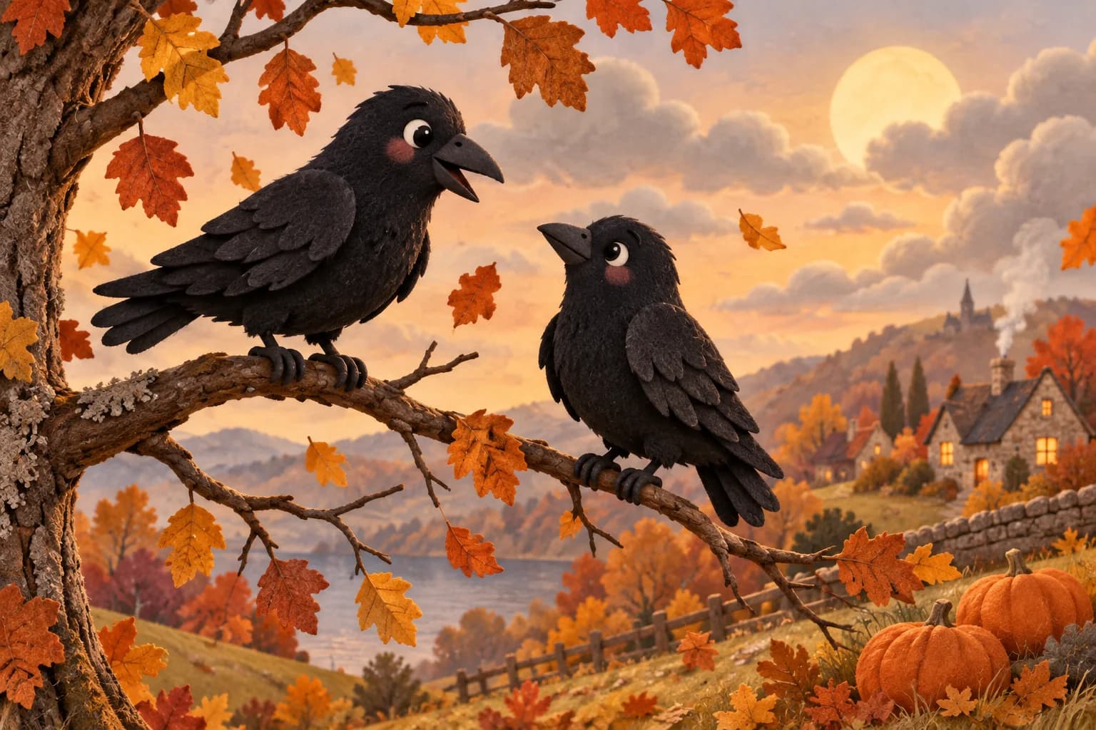 Deux corvidés amicaux perchés sur des branches parmi les feuilles d’automne