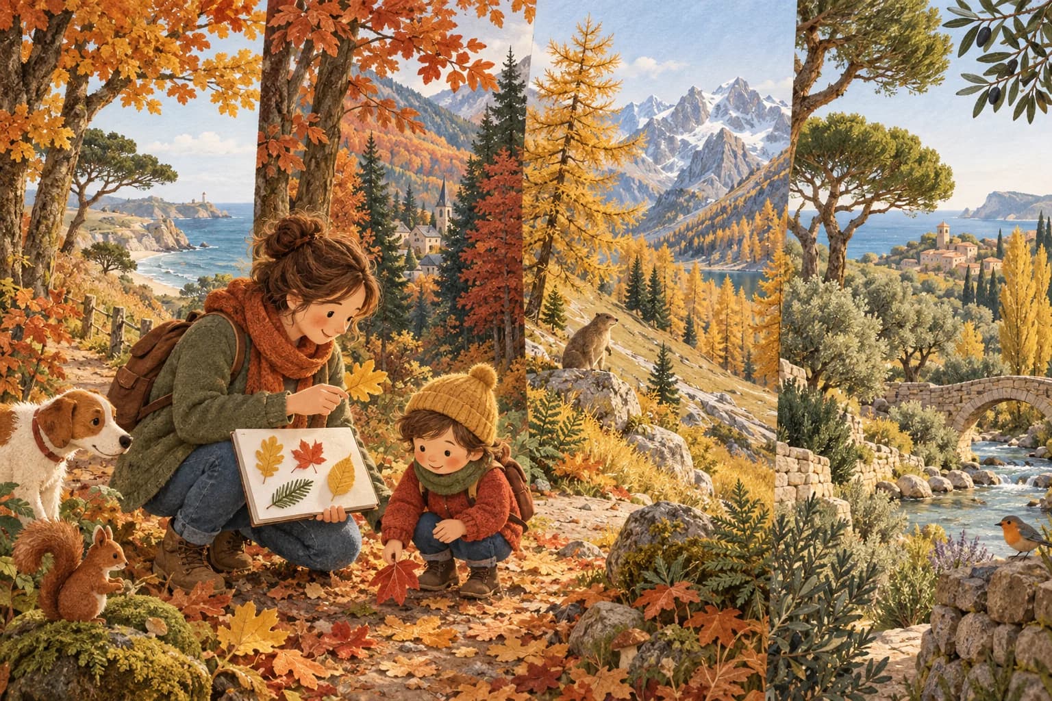 Un enfant et un parent observent des feuilles devant plusieurs paysages français aux couleurs d’automne.