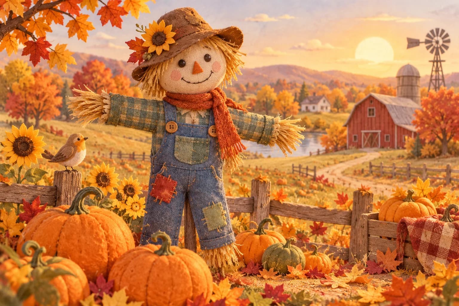 Un épouvantail souriant dans un champ d’automne avec des citrouilles et des feuilles dorées