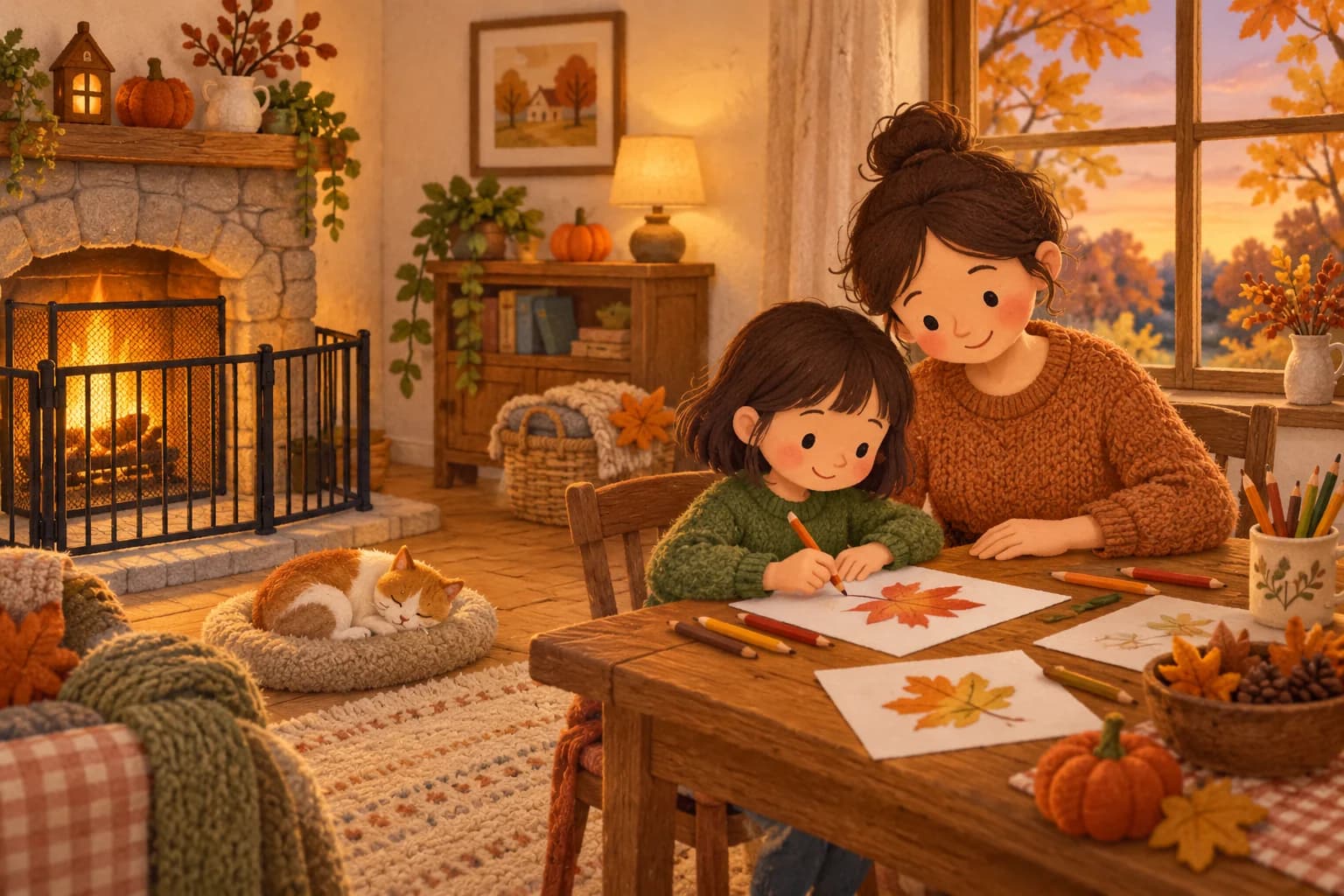 Un parent et un enfant dessinent des feuilles à une table éloignée d’une cheminée protégée par un pare-étincelles.