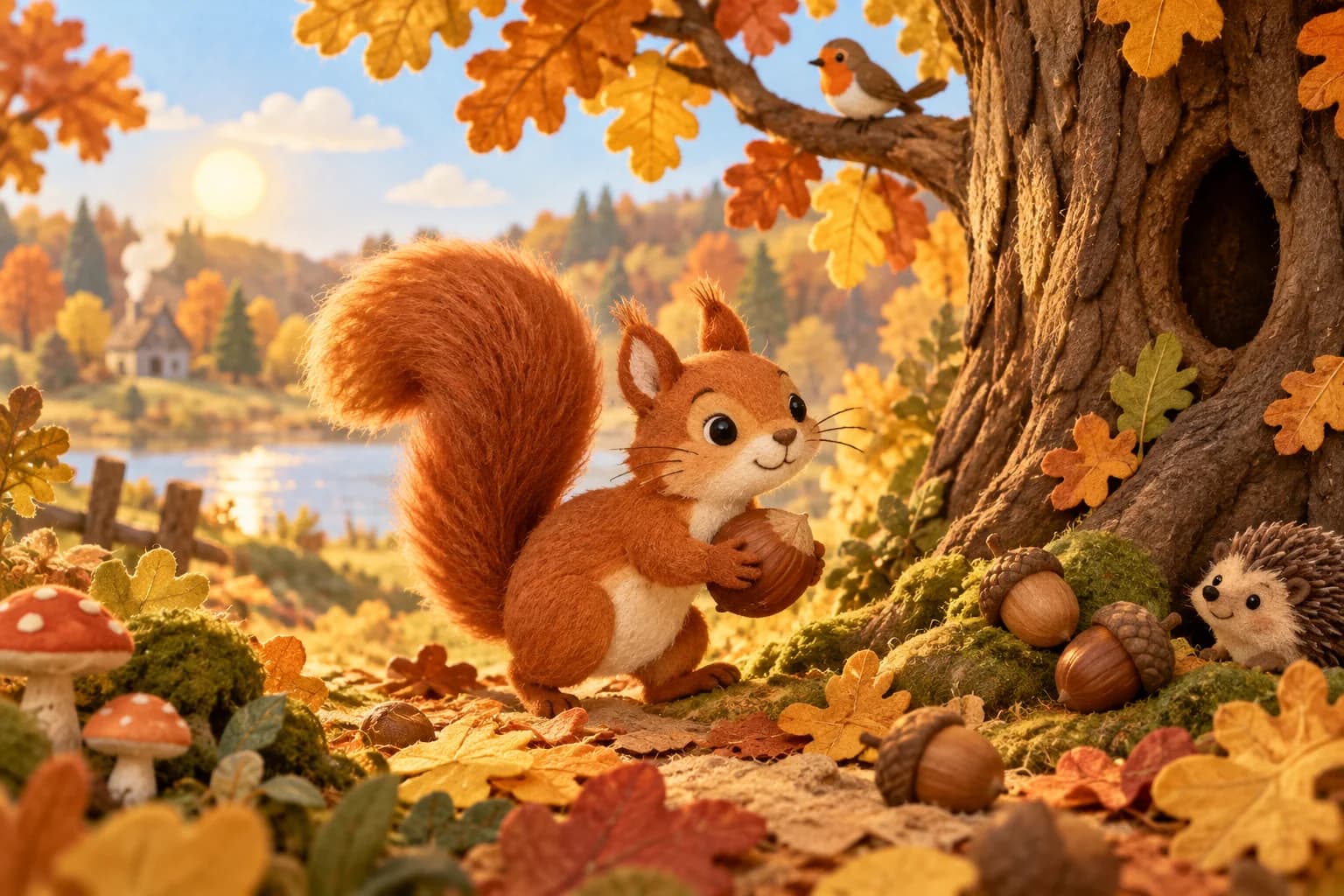 Un écureuil transporte une noisette près d’un chêne entouré de glands et de feuilles d’automne
