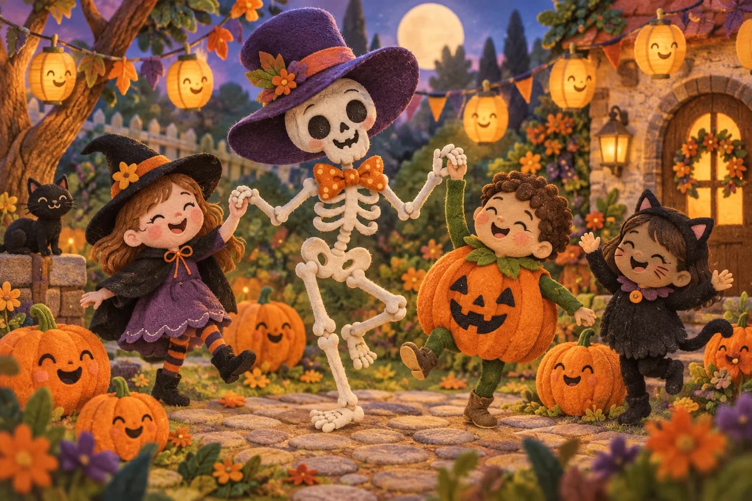 Squelette souriant dansant avec des enfants parmi des citrouilles colorées